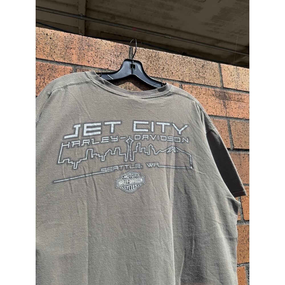 2010 Harley Davidson Y2K Vintage Jet City Seattle Pocket Tee Shirt Olive Green - Picture 3 of 7